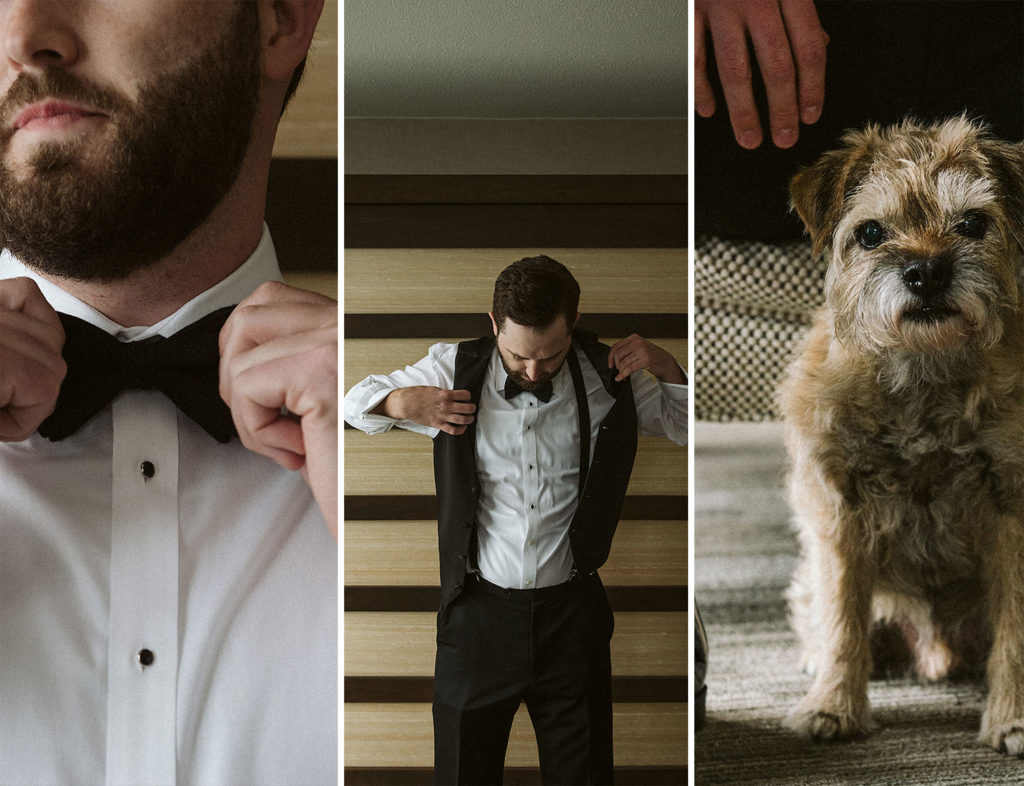 Three photos of man getting ready for his wedding