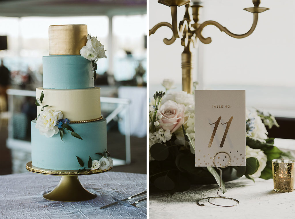 Blue and cream layered wedding cake and table decorations