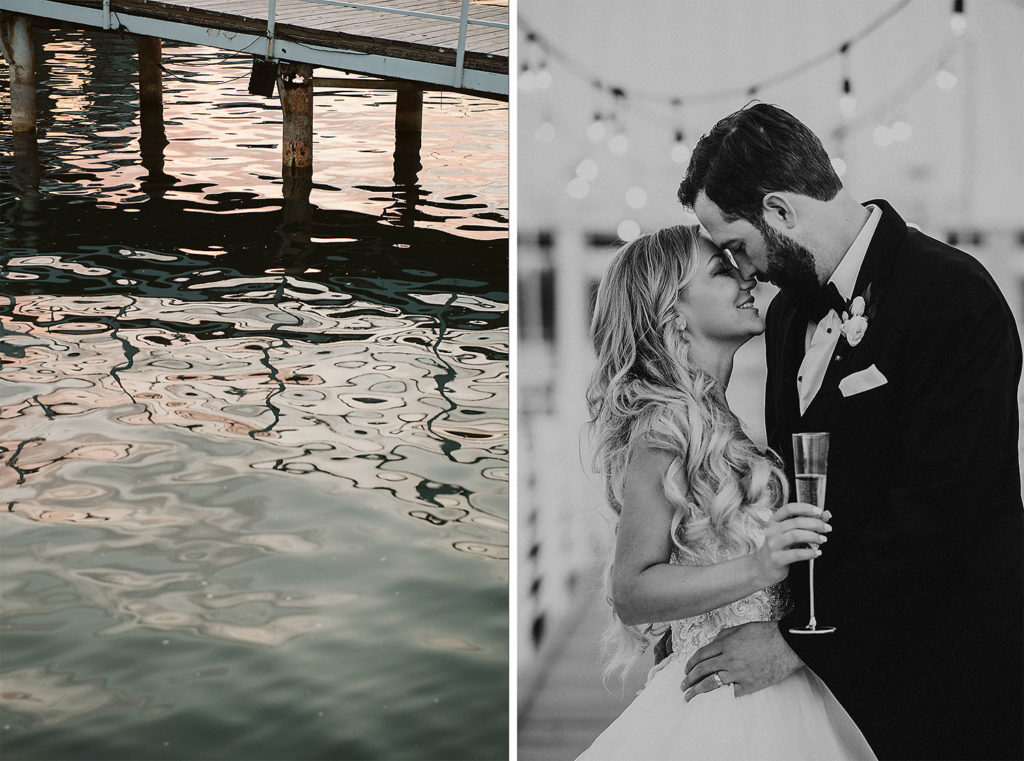 Bride and groom almost kiss under lights on the dock